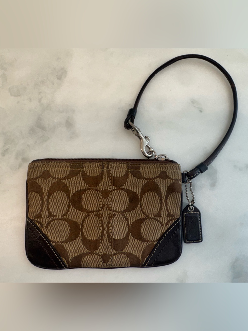 Coach Brown Signature Canvas Wristlet with Dark Trim